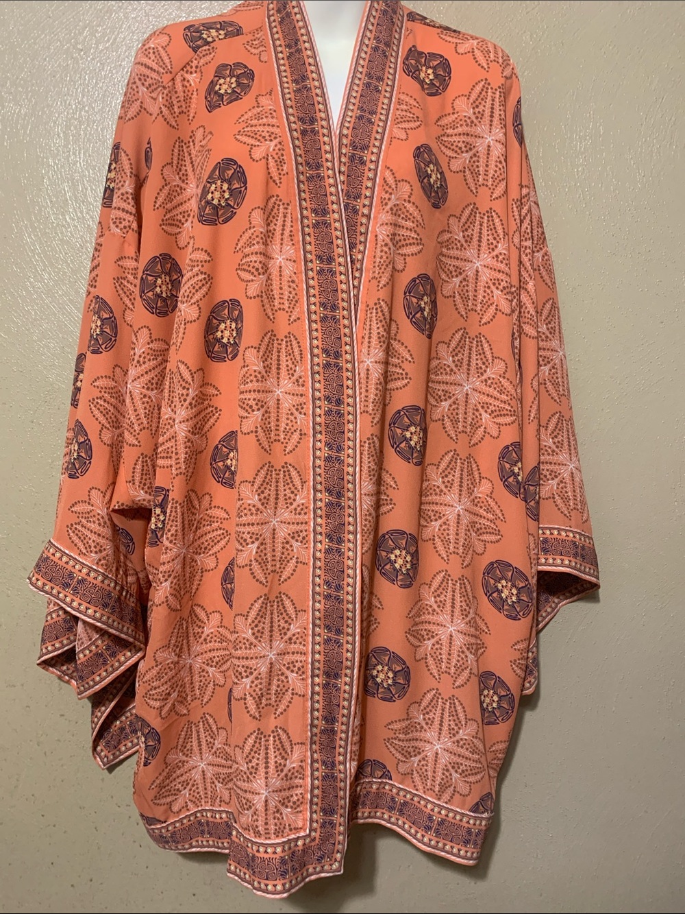 Max Studio 3X Peach and Navy Printed Kimono Cover Up